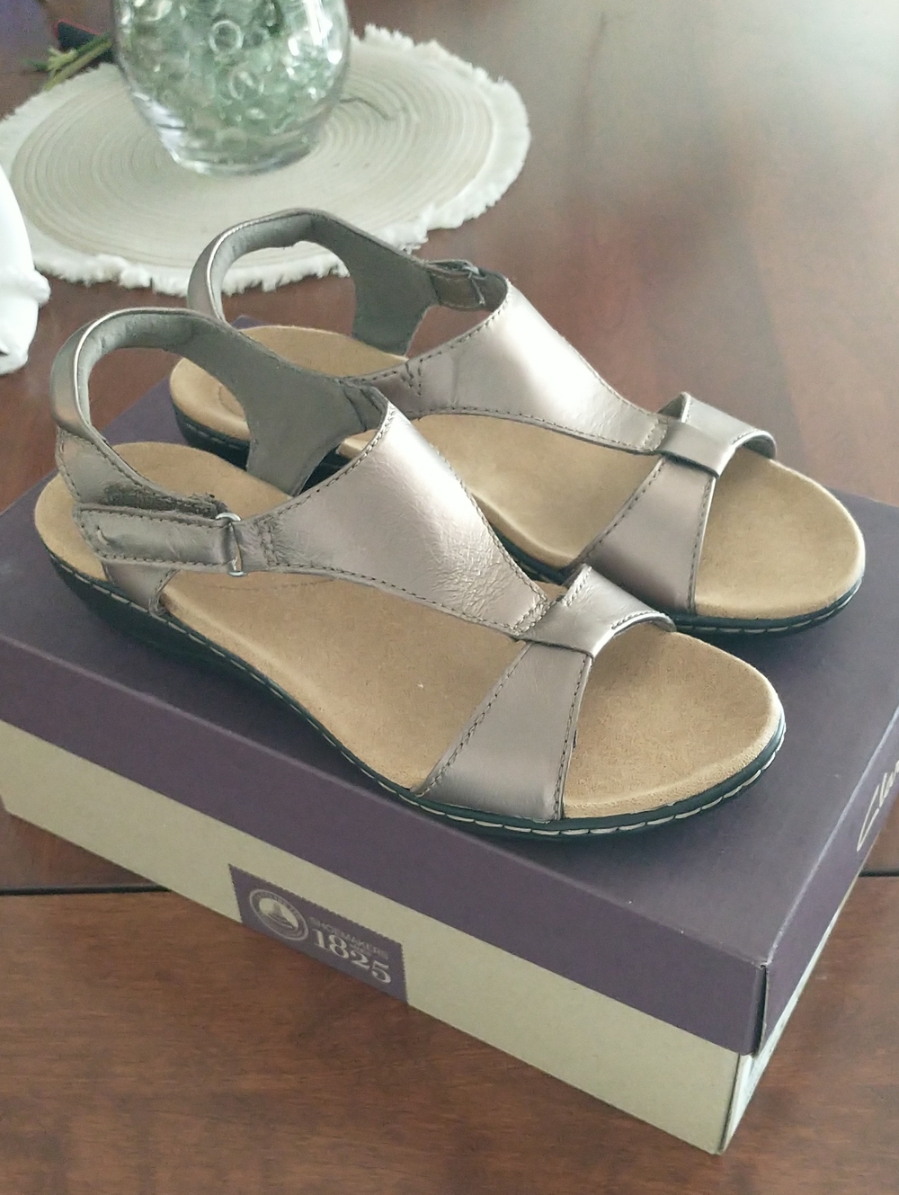 Clarks Metallic Pewter T-Strap Sandals